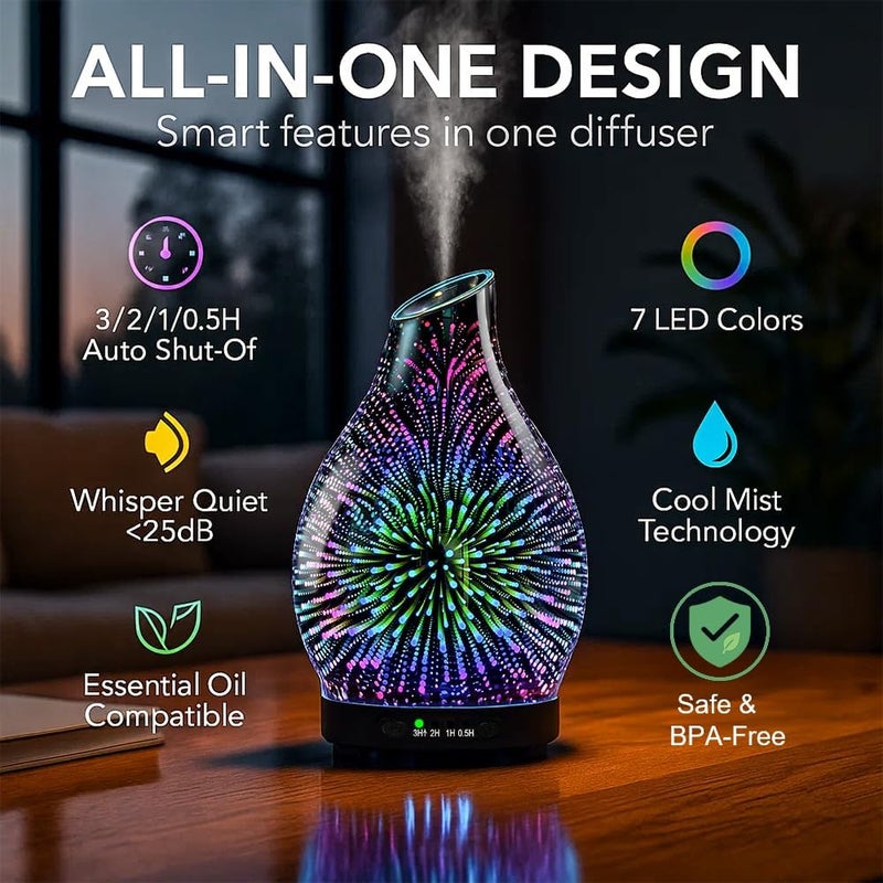 JOYOLO 120ML Essential Oil Diffuser, 3D Glass Aromatherapy Diffuser with Auto Shut-Off and 7 Color LED Lights, Ultrasonic Mist Humidifier with 4 Timer for Home Office Bedroom (3D Fireworks) - Image 2
